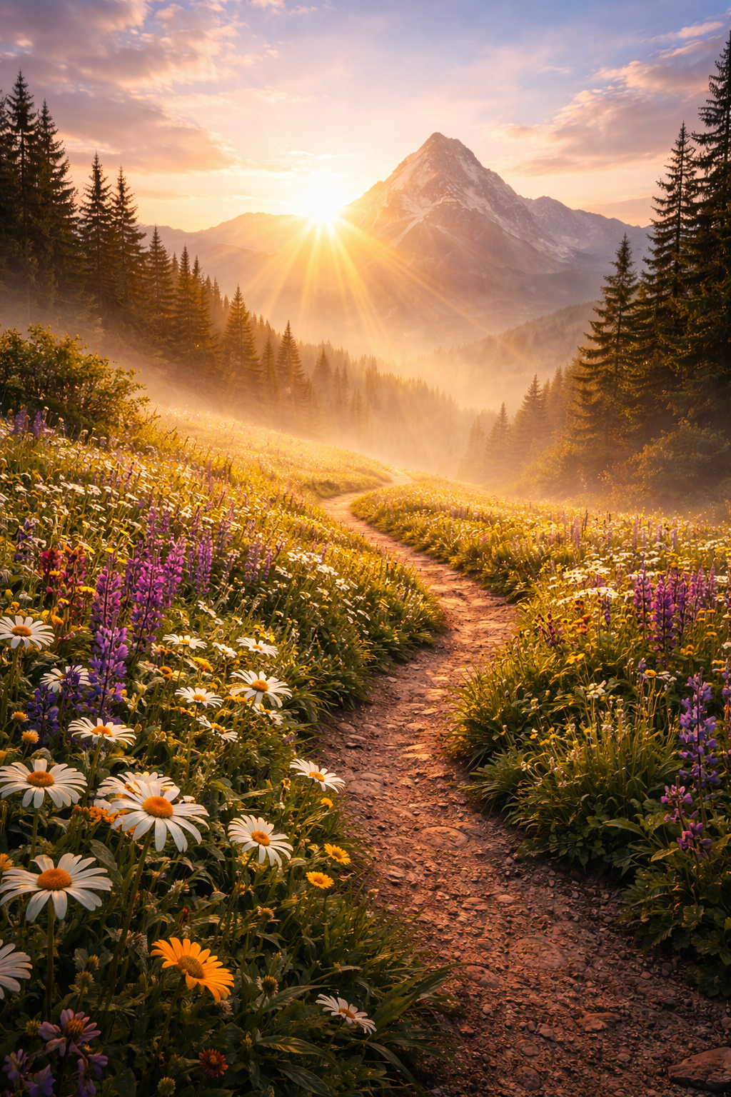 Winding path through a wildflower meadow with white daisies and purple lupins, warm golden sunrise light breaking through pine forest over a mountain peak, God's plans verse -- Jeremiah 29:11 HD bible verse wallpaper